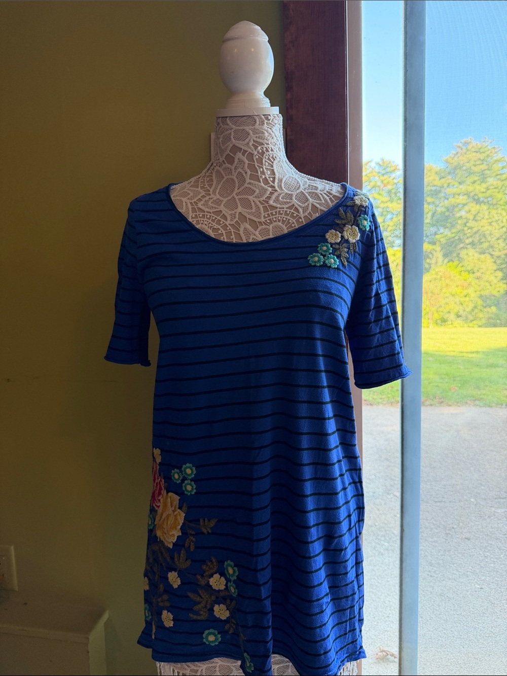 Johnny Was Blue Striped Floral Embroidered Tunic